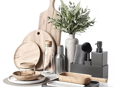Modern Kitchenware Collection Featuring Wooden Cutting Boards Glass Jars Metal Bottles and Bowls 3d model