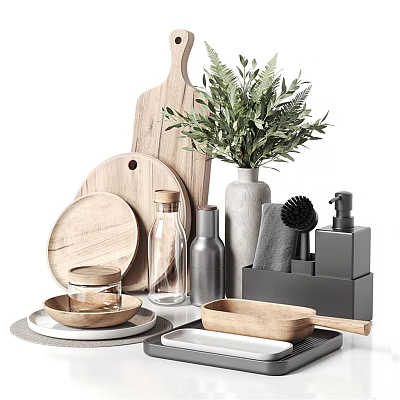 Modern Kitchenware Collection Featuring Wooden Cutting Boards Glass Jars Metal Bottles and Bowls 3d model