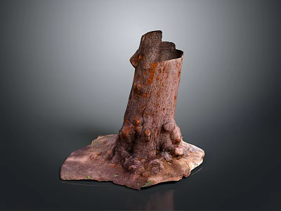 Brown Tree Stump With Rough Texture And Small Roots Against Dark Background 3d model