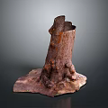Brown Tree Stump With Rough Texture And Small Roots Against Dark Background 3d model
