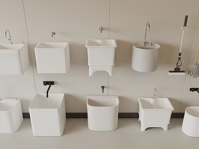 White Bathroom Sinks In Various Designs Wall Mounted And Floor Standing With Cleaning Tools 3d model