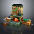 Ancient Stone Workshop Building With Wooden Crates Tools And Red Fire Pit Area 3d model