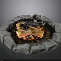 Circular Stone Fire Pit With Burning Logs Flames And Embers
