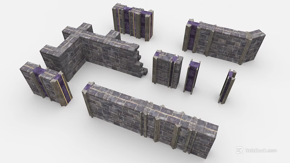 3D Model Stone Building Components With Purple Accents And Various Shapes 3d model