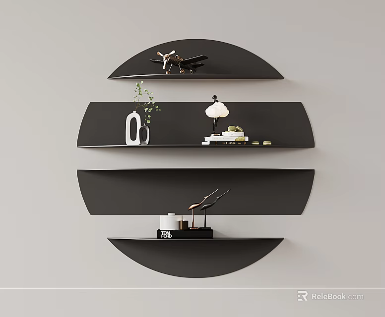 Black Curved Mounted Wall Cabinets in Layered Design with Decorations on Gray Wall 3d model 