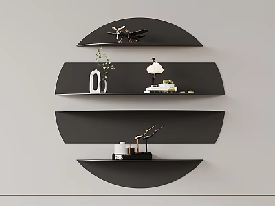Black Curved Mounted Wall Cabinets in Layered Design with Decorations on Gray Wall 3d model