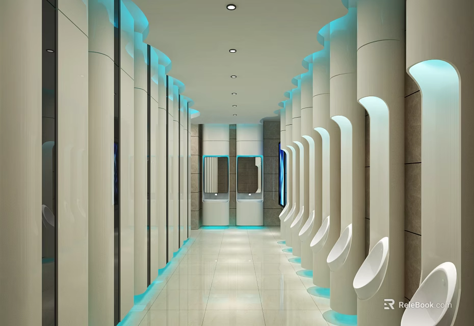 Modern Public Male Bathroom Interior Design With Neat Urinals And Cool Blue Ambient Lighting 3d model 