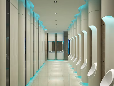 Modern Public Male Bathroom Interior Design With Neat Urinals And Cool Blue Ambient Lighting 3d model