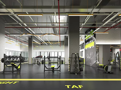 Modern Fitness Gym Interior Design With Spacious Area Workout Equipment And Bright Lighting 3d model