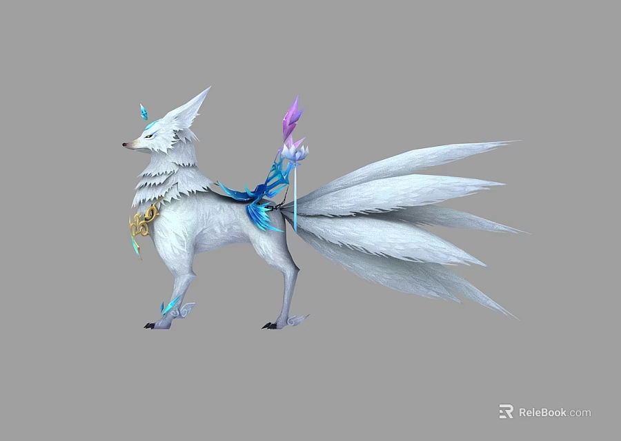 White Nine Tailed Fox Mythical Creature With Blue Horns And Purple Ornaments 3d model 