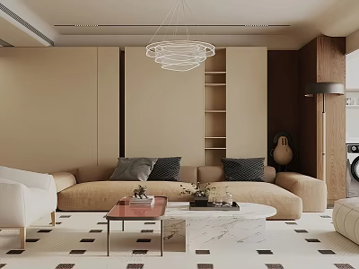 Modern Living Room Interior With Beige Sofa Gray Cushions White Armchair And Marble Coffee Table 3d model