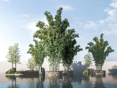 Bamboo Plants In Natural Waterfront Landscape With Green Foliage And Calm Water Reflection 3d model