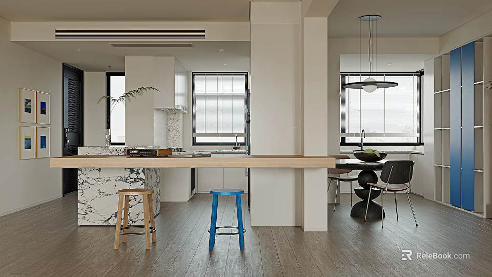 Modern Restaurant Interior With Dining Table Chairs Pendant Lights Stools And Large Windows 3d model