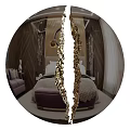 Round Mirror With Vertical Crack In The Middle And Golden Decorative Edges