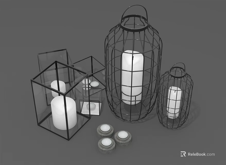 Modern Metal Wire Frame Candle Lanterns in Various Shapes with White Candles 3d model 