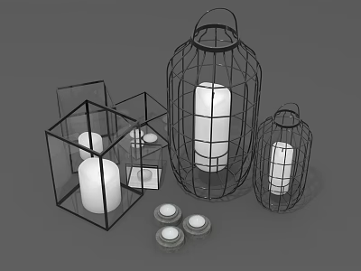 Modern Metal Wire Frame Candle Lanterns in Various Shapes with White Candles 3d model