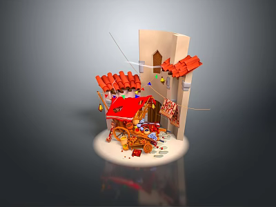 Traditional Food Stall With Red Roof Hanging Local Snacks And Colorful Decorations 3d model