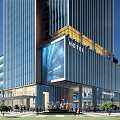 Modern High Rise Hotel Building With Glass Curtain Walls And Large Digital Screen