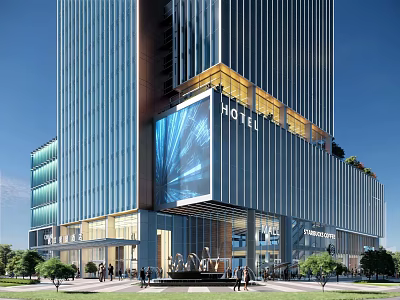 Modern High Rise Hotel Building With Glass Curtain Walls And Large Digital Screen 3d model