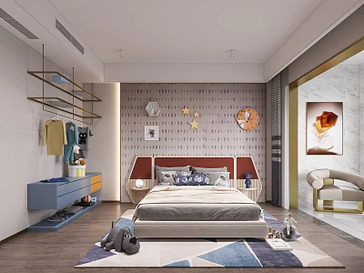 Kids Room Design With Bed Nightstand Star Decor Clock Shelf And Rug 3d model