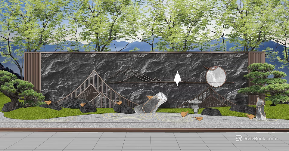 Modern Chinese Building Exterior Wall With Black Stone Metal Accents Greenery And Water Feature 3d model 