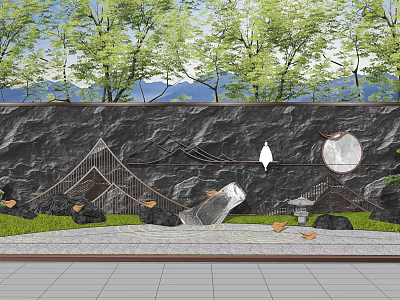 Modern Chinese Building Exterior Wall With Black Stone Metal Accents Greenery And Water Feature 3d model