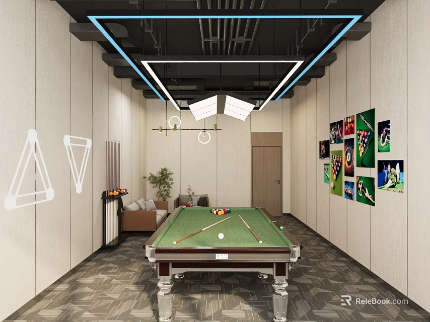 Modern Billiards Room With Billiard Table And Decorations 3d model