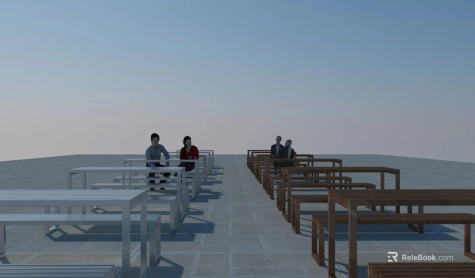 White and Brown Leisure Chairs on Gray Stone Floor Under Blue Sky with People Sitting 3d model 