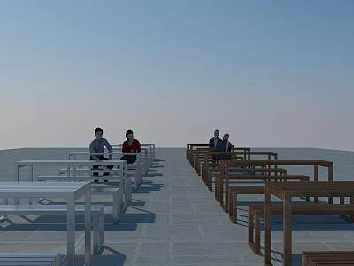 White and Brown Leisure Chairs on Gray Stone Floor Under Blue Sky with People Sitting 3d model