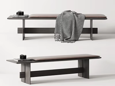 Modern Sofa Bench With Brown Seat Wooden Legs Plaid Blanket And Camera 3d model