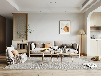 Minimalist Living Room Interior Design With Beige Sofa Coffee Tables Rug Floor Lamp And Artwork 3d model