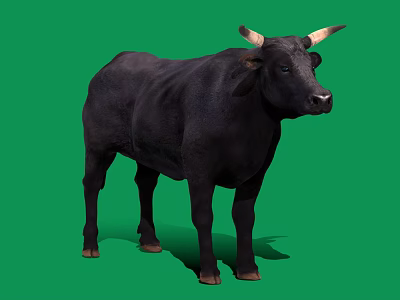Full View Black Bull With Curved Horns Standing On Green Background 3d model