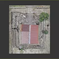 Traditional Wooden Pavilion Model With Red Roof Fence Stone Urn Steps And Trees