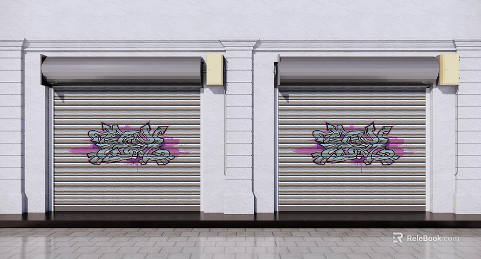 Colorful Graffiti Art On Roller Shutter With White Wall And Brick Floor 3d model 