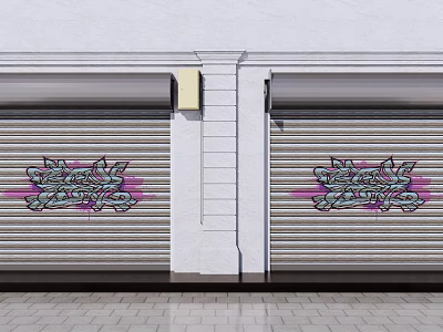 Colorful Graffiti Art On Roller Shutter With White Wall And Brick Floor 3d model