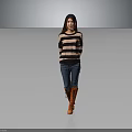 Woman In Striped Sweater Blue Jeans And Orange Boots Against Gray Background
