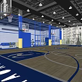Indoor Basketball Court with Wooden Floor Basketball Hoops Overhead Lighting Net Partitions and Large Windows