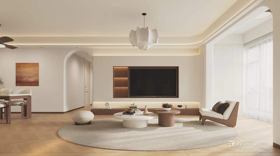 Modern Living Dining Room Interior With Open Concept TV Wall Round Rug And Sofa 3d model 