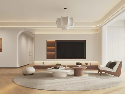 Modern Living Dining Room Interior With Open Concept TV Wall Round Rug And Sofa 3d model