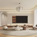 Modern Living Dining Room Interior With Open Concept TV Wall Round Rug And Sofa