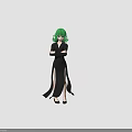 Character With Green Hair In Black Dress Arms Crossed Three Angles Standing View