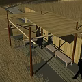 Thatched Roof Wooden Pavilion In Golden Grassland With Stairs And People Around