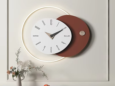 Modern Wall Clock White And Brown Design With LED Ring Light On Minimalist Beige Wall 3d model
