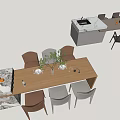 Modern Rectangular Dining Table Set With Marble Countertop Upholstered Chairs And Decorative Plants 3d model