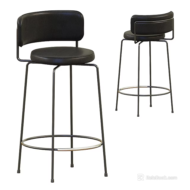 Black Modern Bar Stools With Backrest And Metal Frame For Kitchen Bar Design 3d model 