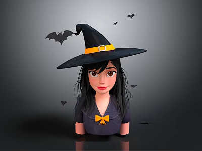 Witch Themed Game And Movie Character With Black Hat Yellow Belt And Bats 3d model