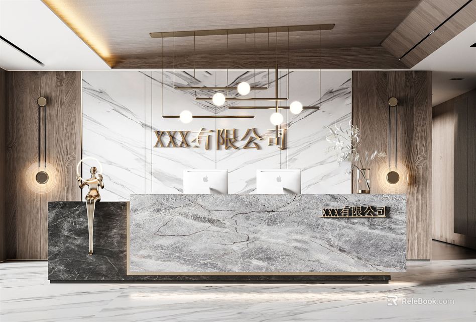 Modern Office Marble Reception Desk With Hanging Lights And Wooden Panels 3d model 