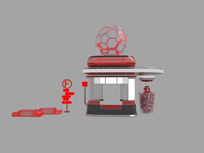 Red Spherical Topped Pavilion Structure With Transparent Walls And Red Seats 3d model