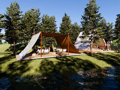 Spacious Tarp Tent Setup In Forest With Trees Grass And Water For Relaxing Gatherings 3d model