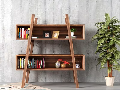 Wooden Ladder Style Bookcase With Books Photo Frames Vase And Potted Plant 3d model